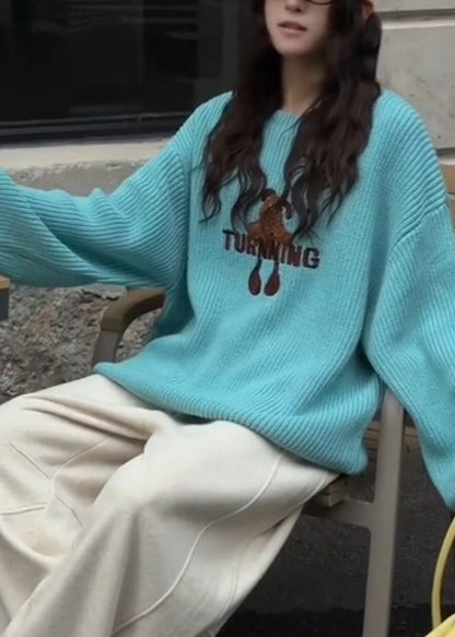 New Blue O Neck Embroidered Knit Sweaters Top Winter