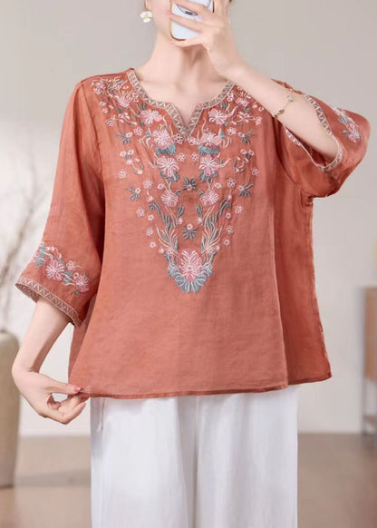 New Blue O Neck Embroidered Linen Blouses Bracelet Sleeve