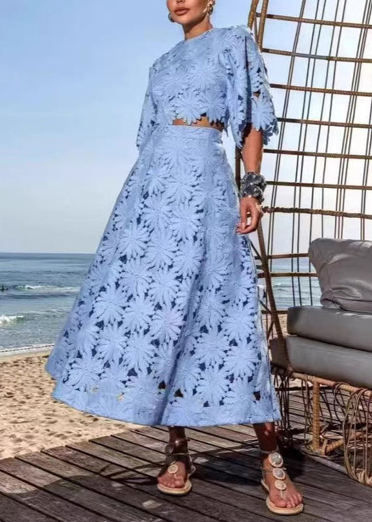 New Blue O-Neck Hollowed Out Short Top And High Waist Skirt Set Summer