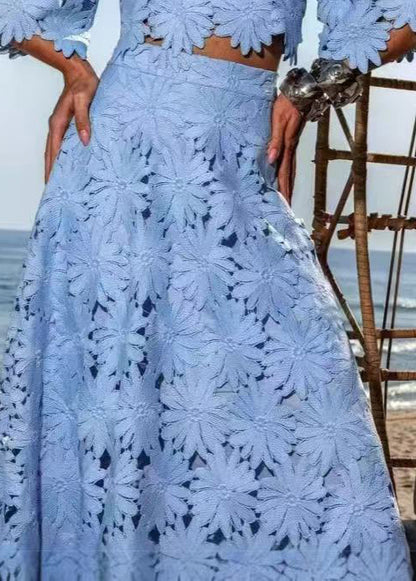 New Blue O-Neck Hollowed Out Short Top And High Waist Skirt Set Summer