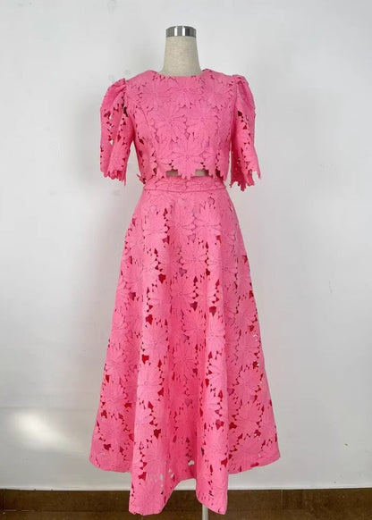New Blue O-Neck Hollowed Out Short Top And High Waist Skirt Set Summer