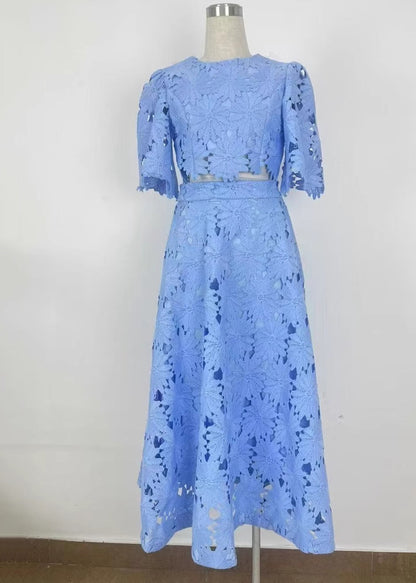 New Blue O-Neck Hollowed Out Short Top And High Waist Skirt Set Summer
