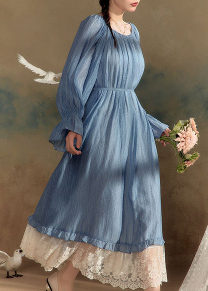 New Blue O-Neck Lace Patchwork Cotton Long Dress Flare Sleeve