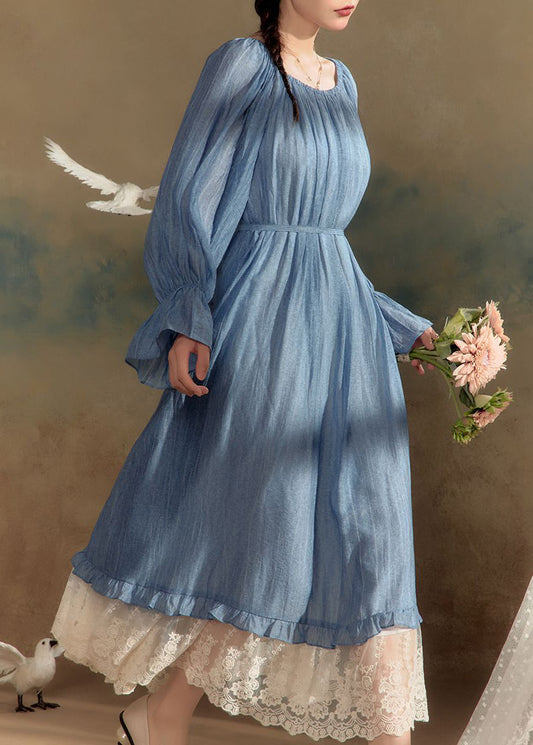 New Blue O-Neck Lace Patchwork Cotton Long Dress Flare Sleeve