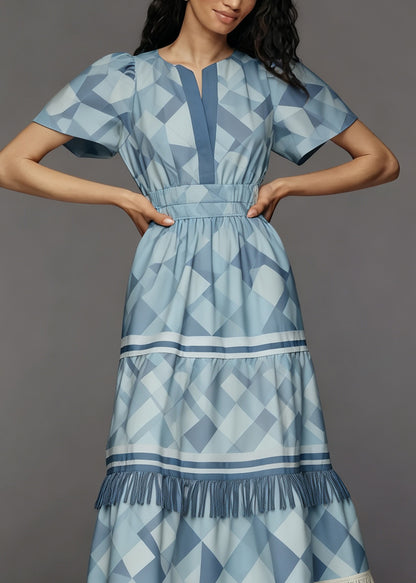 New Blue O Neck Print Tassel Patchwork Cotton Dress Summer