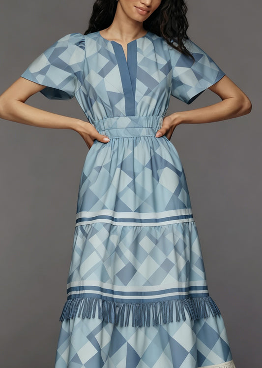 New Blue O Neck Print Tassel Patchwork Cotton Dress Summer