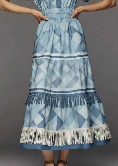 New Blue O Neck Print Tassel Patchwork Cotton Dress Summer