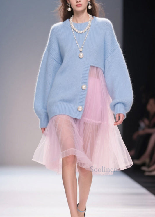 New Blue O Neck Tulle Patchwork Loose Knit Dress Fall