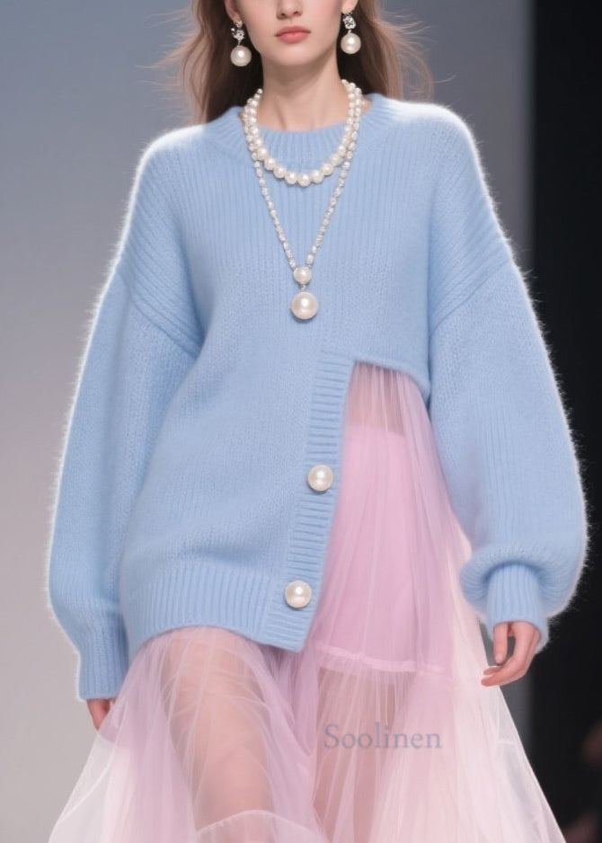 New Blue O Neck Tulle Patchwork Loose Knit Dress Fall