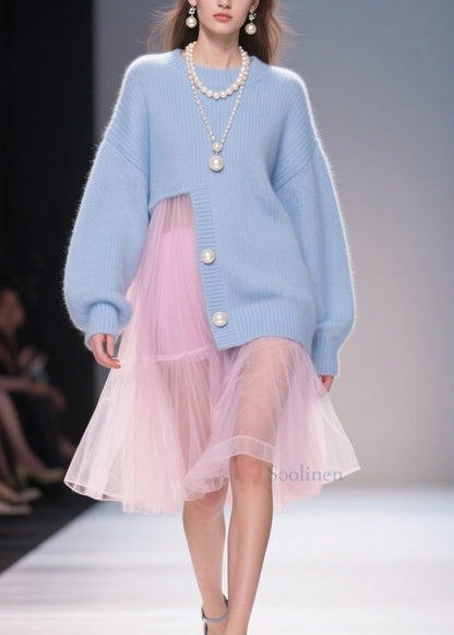 New Blue O Neck Tulle Patchwork Loose Knit Dress Fall