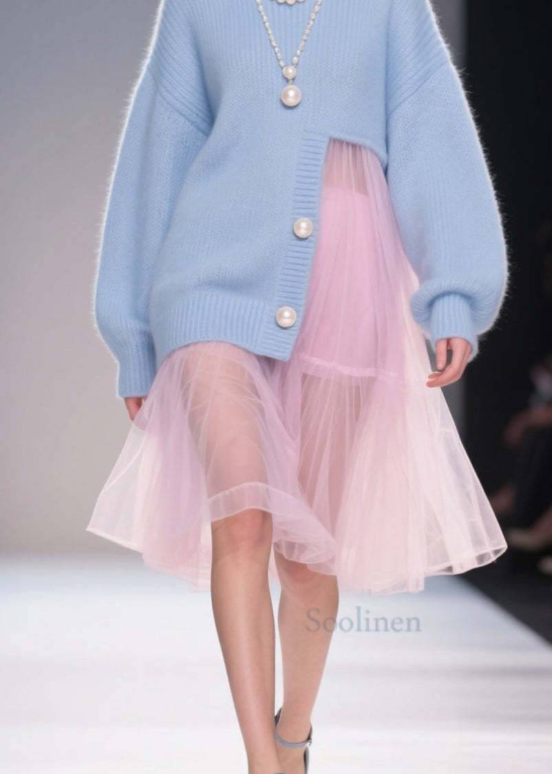 New Blue O Neck Tulle Patchwork Loose Knit Dress Fall