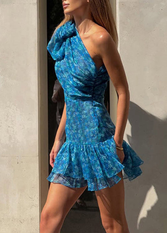 New Blue One Shoulder Ruffled Print Chiffon Dress Summer
