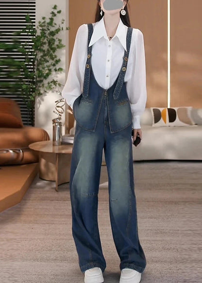 New Blue Patchwork Denim Overalls Jumpsuit Spring