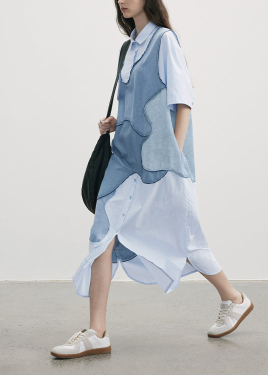 New Blue Peter Pan Collar Patchwork Cotton Shirts Dresses Summer