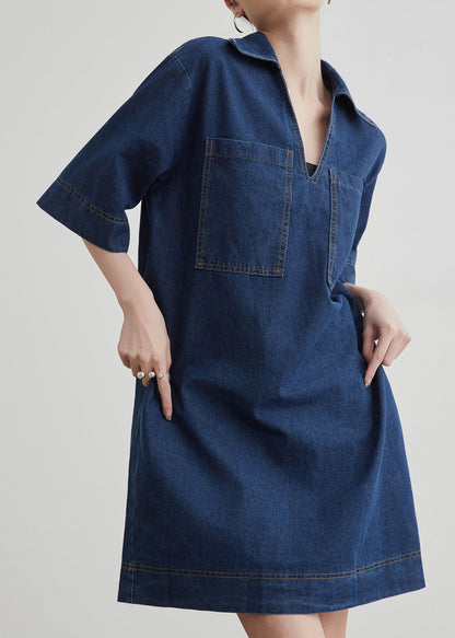 New Blue Peter Pan Collar Pockets Denim Mid Dress Summer