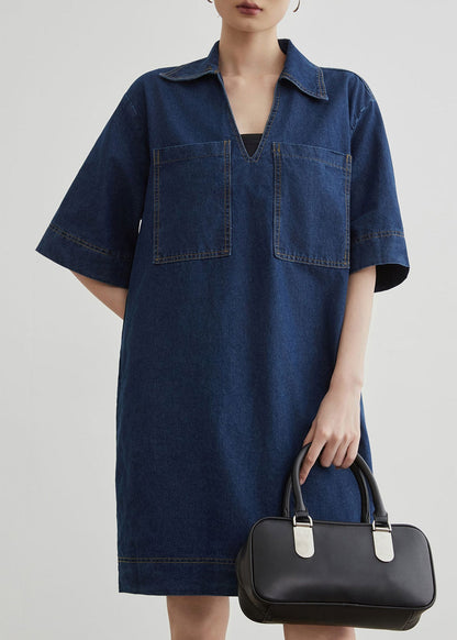 New Blue Peter Pan Collar Pockets Denim Mid Dress Summer