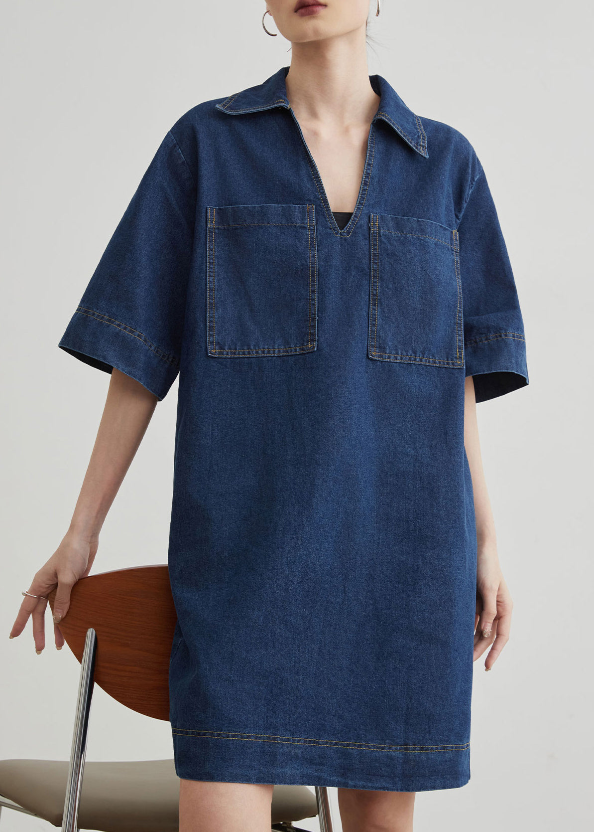 New Blue Peter Pan Collar Pockets Denim Mid Dress Summer