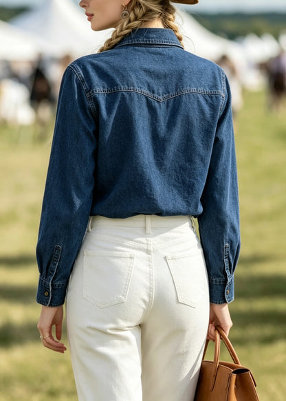 New Blue Peter Pan Collar Pockets Patchwork Denim Shirts Coats Fall