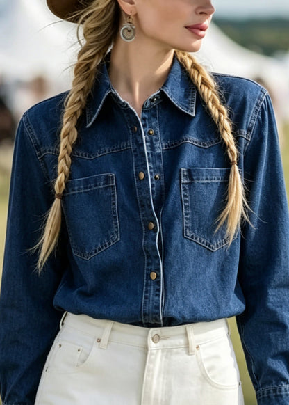 New Blue Peter Pan Collar Pockets Patchwork Denim Shirts Coats Fall