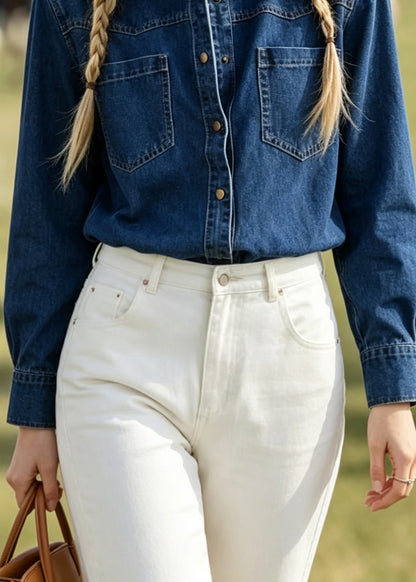 New Blue Peter Pan Collar Pockets Patchwork Denim Shirts Coats Fall
