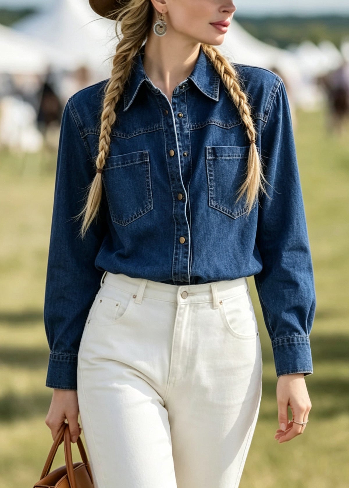 New Blue Peter Pan Collar Pockets Patchwork Denim Shirts Coats Fall