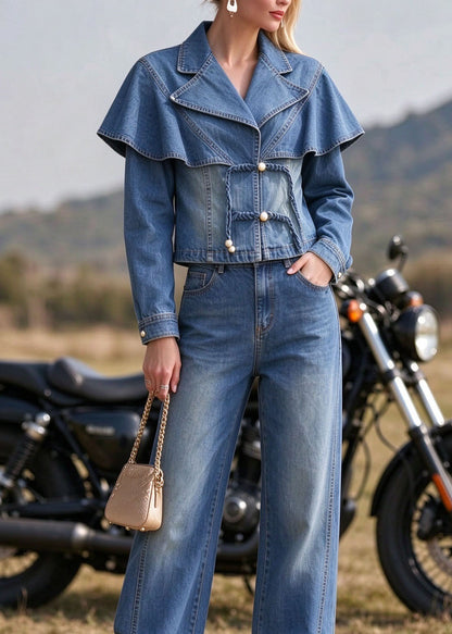 New Blue Peter Pan Collar Tassel Patchwork Denim Two Pieces Set Fall