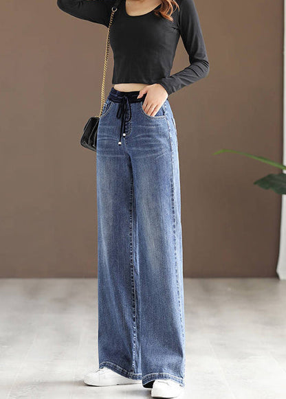New Blue Pockets Elastic Waist Patchwork Denim Pants Spring