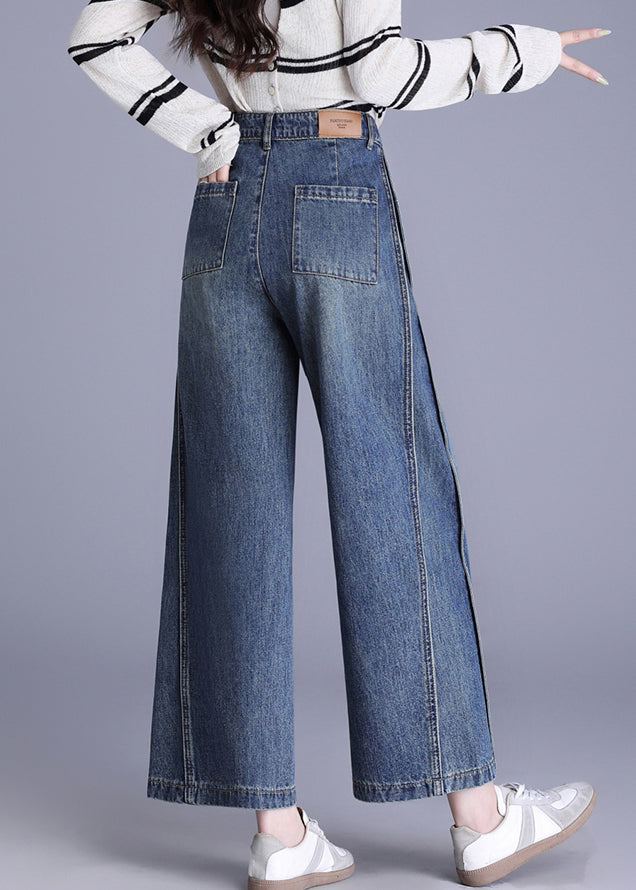 New Blue Pockets Patchwork Denim Crop Pants Spring