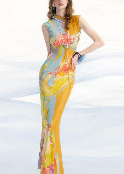 New Blue Print Wear On Both Sides Tulle Long Dress Sleeveless