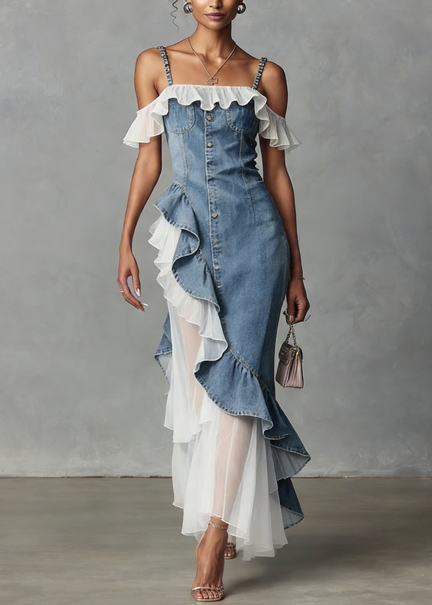New Blue Ruffled Asymmetrical Tulle Patchwork Denim Dress Summer