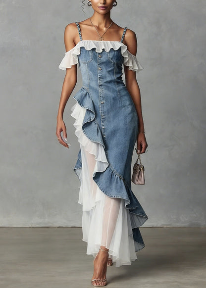 New Blue Ruffled Asymmetrical Tulle Patchwork Denim Dress Summer
