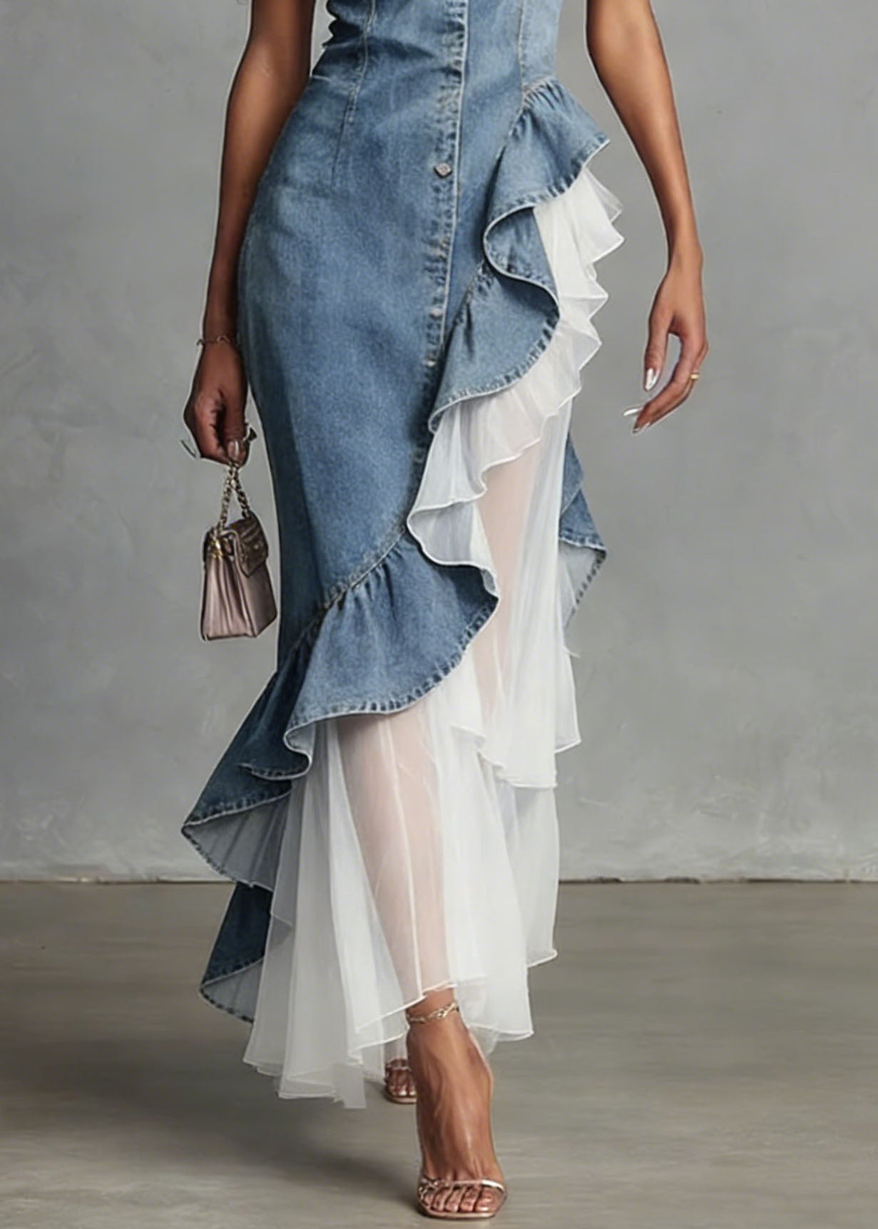 New Blue Ruffled Asymmetrical Tulle Patchwork Denim Dress Summer