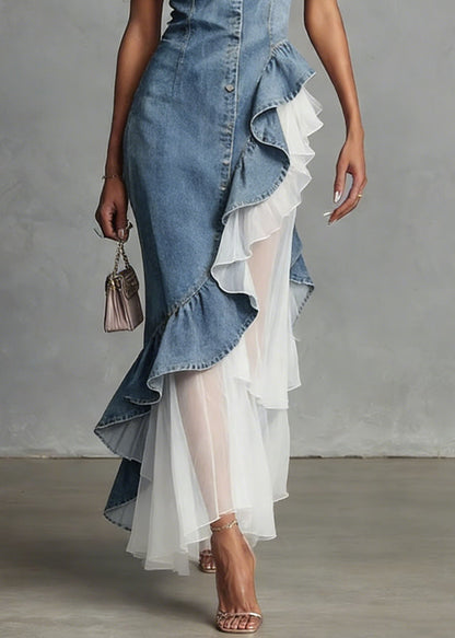 New Blue Ruffled Asymmetrical Tulle Patchwork Denim Dress Summer