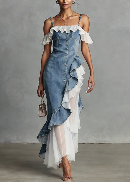 New Blue Ruffled Asymmetrical Tulle Patchwork Denim Dress Summer