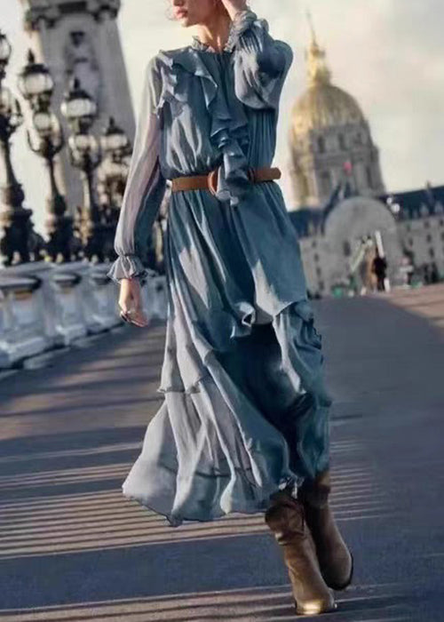 New Blue Ruffled Sashes Solid Chiffon Long Dresses Fall