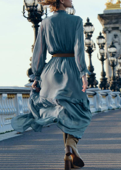 New Blue Ruffled Sashes Solid Chiffon Long Dresses Fall