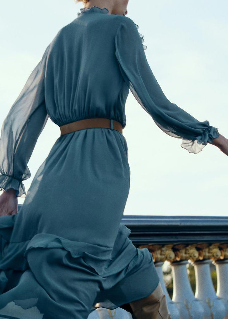 New Blue Ruffled Sashes Solid Chiffon Long Dresses Fall