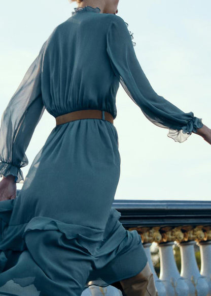 New Blue Ruffled Sashes Solid Chiffon Long Dresses Fall