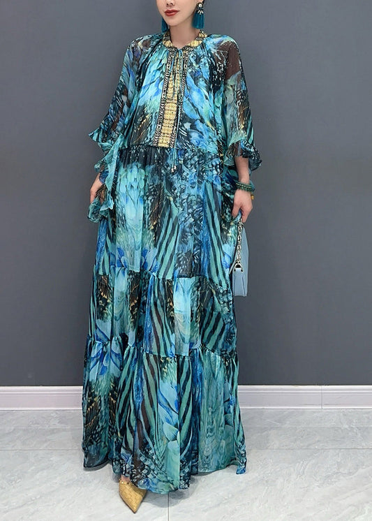 New Blue Tie Lace Patchwork Chiffon Maxi Dress Fall