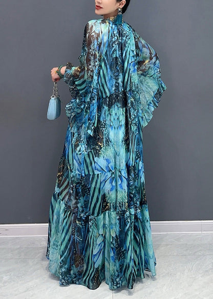 New Blue Tie Lace Patchwork Chiffon Maxi Dress Fall