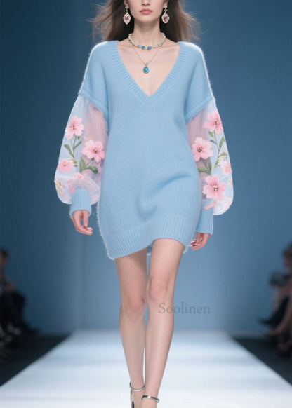 New Blue V Neck Floral Patchwork Knit Sweater Dress Fall