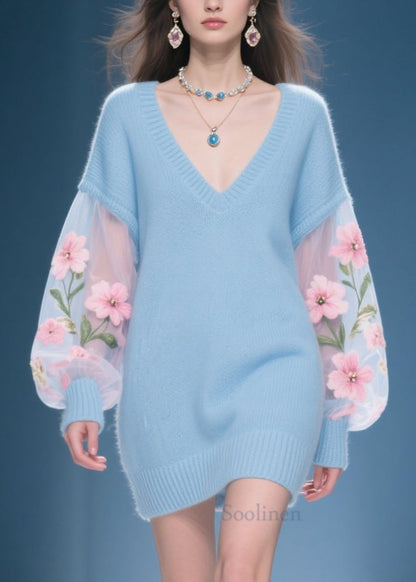 New Blue V Neck Floral Patchwork Knit Sweater Dress Fall