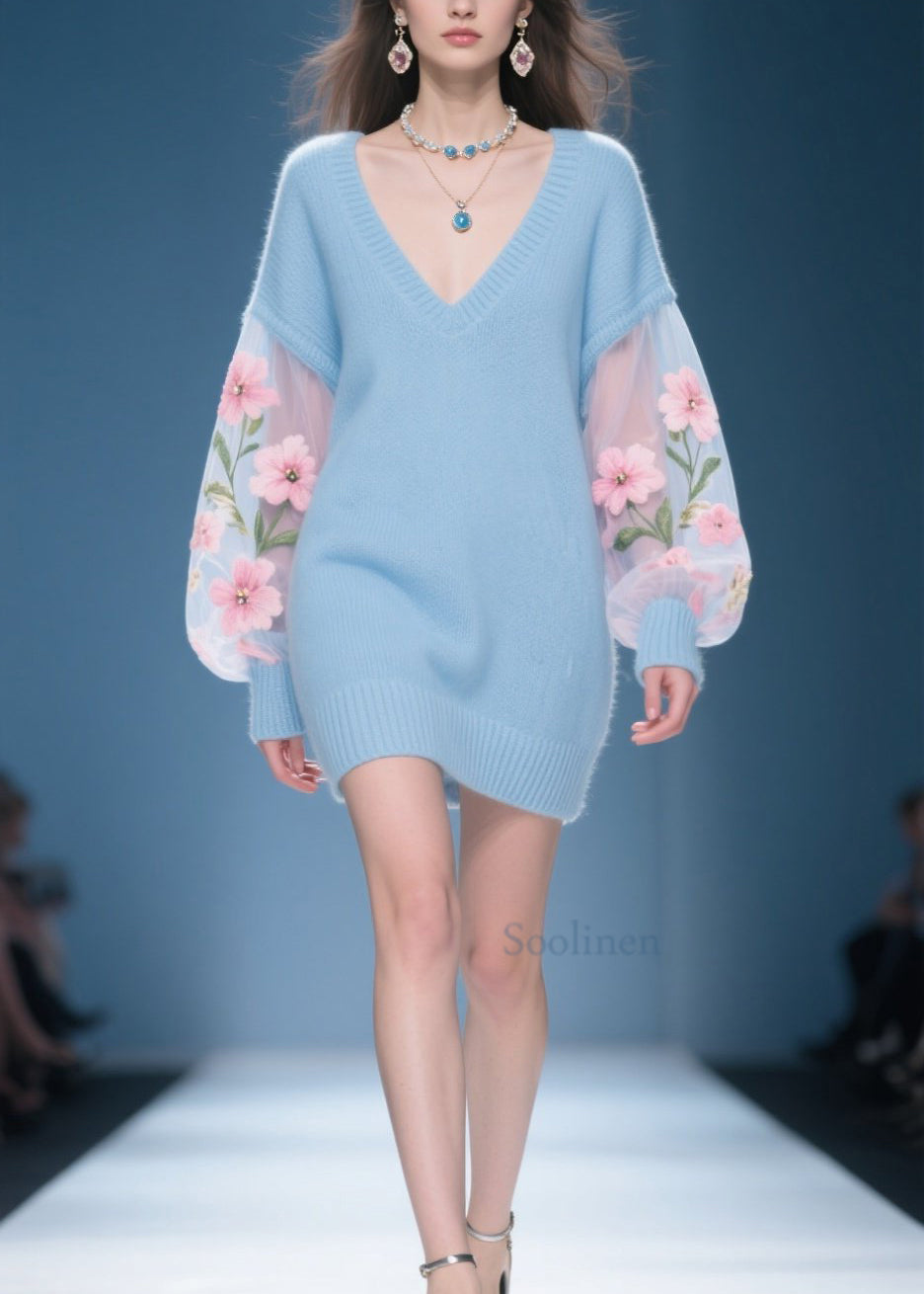 New Blue V Neck Floral Patchwork Knit Sweater Dress Fall
