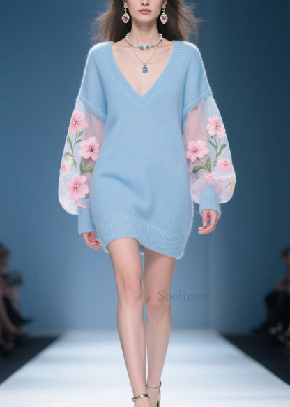 New Blue V Neck Floral Patchwork Knit Sweater Dress Fall