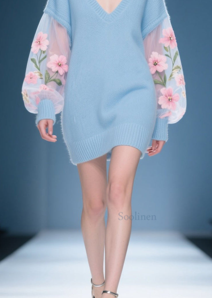 New Blue V Neck Floral Patchwork Knit Sweater Dress Fall