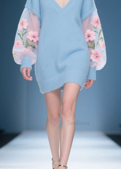 New Blue V Neck Floral Patchwork Knit Sweater Dress Fall