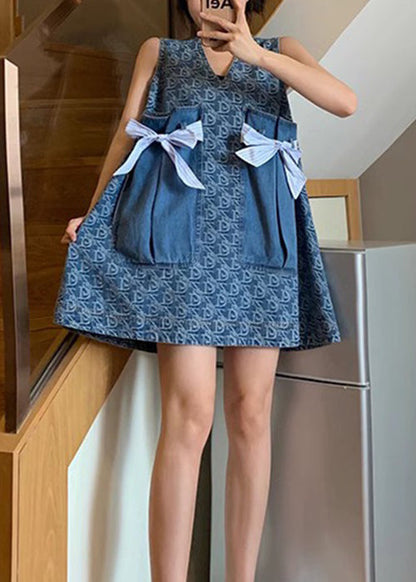 New Blue V Neck Print Pockets Denim Mid Dress Sleeveless