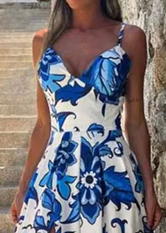 New Blue V Neck Print Side Open Cotton Spaghetti Strap Dress Sleeveless