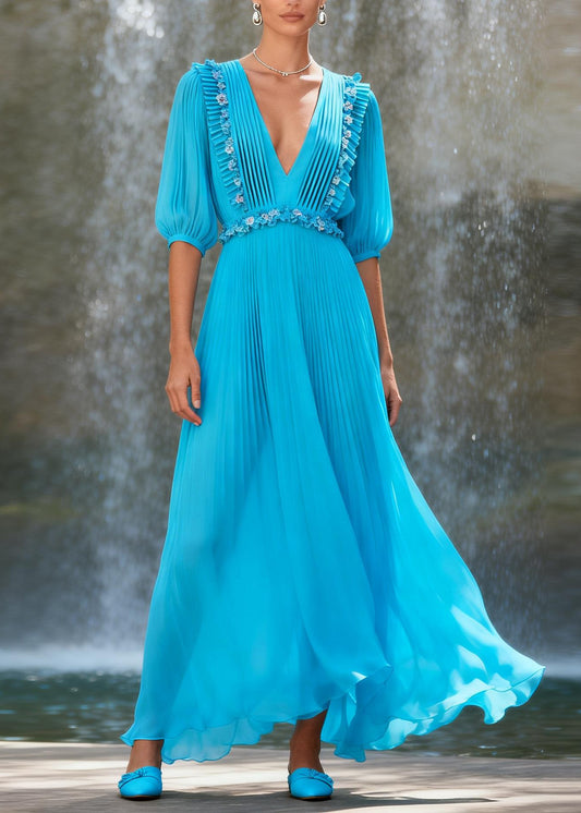 New Blue V Neck Ruffled Floral Patchwork Chiffon Dress Summer