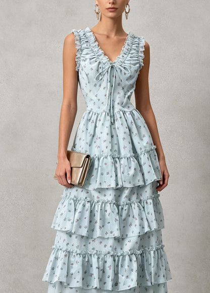 New Blue V Neck Ruffled Patchwork Cotton Maxi Dresses Summer